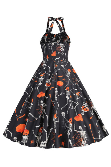 A Line Halloween Black Halter Pumpkin Printed 1950s Dress